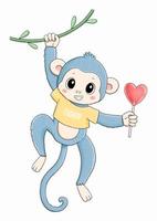 Monkey in t-shirt with heart shape lollipop vector illustration