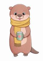 Otter in yellow scarf with cup of cacao with marshmallows vector illustration