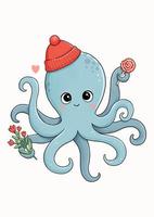 pulpo azul en sombrero rojo con flores y piruleta ilustración vectorial vector