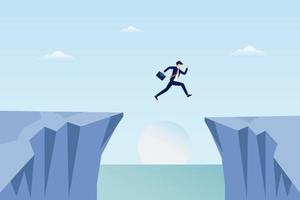 businessman jump through the gap in the rocks. an employee with a running jump from one cliff to another. Flat vector template Style Suitable for Web Landing Page.