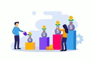 Investment concept, people watering money tree with coins, increase financial investment profit vector illustration. Flat vector template Style Suitable for Web Landing Page, Background.