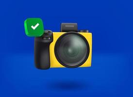 Modern digital camera with checkmark icon. 3d vector illustration