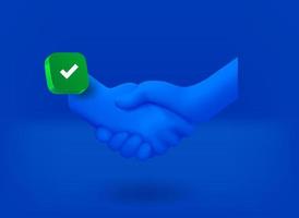 Shake hands icon with green checkmark pictogram. 3d vector illustration