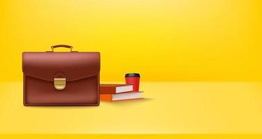 Briefcase with coffee and books. 3d vector banner with copy space