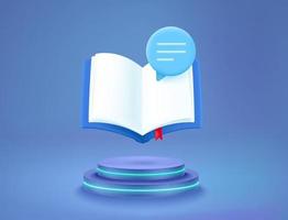 Book with speech cloud on neon podium. Vector 3d illustration