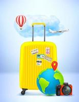 World travel concept with travel accessories. 3d vector illustration
