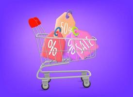 Supermarket shopping cart with discount tages. 3d vector illustration