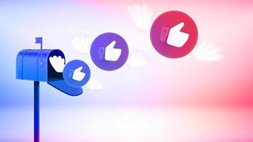 Thumbs up icons flying to the mail box. 3d vector banner with copy space