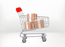 Supermarket shopping cart with boxes. 3d vector illustration