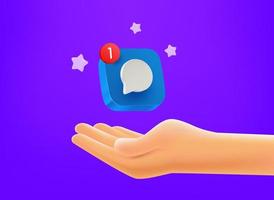 New message concept. Hand with chat app button. 3d vector mobile application icon with notification