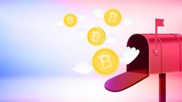 Flying bitcoins coins. 3d vector banner with copy space