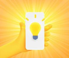 Cute comic hand with app icon with lightning bulb on smartphone. 3d vector illustration