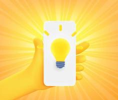 Cute comic hand with app icon with lightning bulb on smartphone. 3d vector illustration