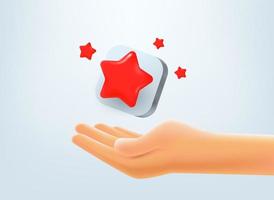 Hand with star rating review button. 3d vector mobile application icon with notification