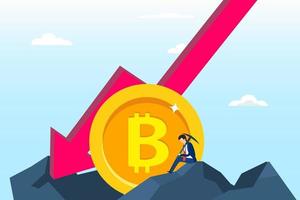 The Fallen In Price Bitcoin Flying Down On Red Arrow. Bankrupt Bitcoin. illustration flat vector template