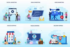 Set bundle Business concept. digital marketing, email marketing, video marketing, online shopping, mobile banking, delivery express vector
