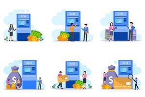 The character of the person makes money withdrawals at ATMs, Cash withdrawal from ATMs. Flat vector template