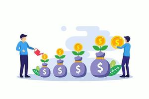 el concepto de inversión, la gente riega el árbol del dinero con monedas, aumenta la ilustración del vector de ganancias de inversión financiera. estilo de plantilla de vector plano adecuado para página de inicio web, fondo.