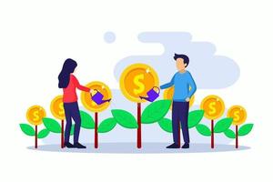 el concepto de inversión, la gente riega el árbol del dinero con monedas, aumenta la ilustración del vector de ganancias de inversión financiera. estilo de plantilla de vector plano adecuado para página de inicio web, fondo.