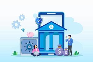 ilustración del concepto de banca móvil de personas que usan computadoras portátiles y teléfonos inteligentes móviles para banca y contabilidad en línea. vector