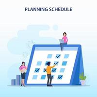 concepto de programación de planificación, personas que completan la programación en un calendario gigante, planificación del trabajo, trabajo en curso. estilo de plantilla de vector plano adecuado para páginas de destino web.