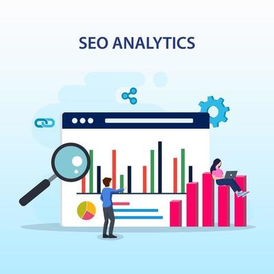 SEO Analytics Team, Search engine ranking, Seo success, Seo optimization, illustration with icons and character. Flat vector template style Suitable for Web Landing Pages.