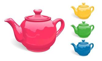 Teapots for tea, ceramic, in different colors. A set of kitchen utensils. A realistic image. Isolated on white background. Vector image.