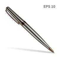 A realistic ballpoint pen, in a melallic, silver color, with gold details. Isolated on white background with soft shadow, vector illustration.