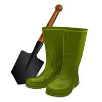 Rubber boots and a shovel. Realistic image. Isolated on a white background. Vector illustration