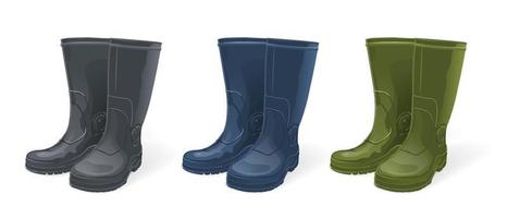 A set of three pairs of rubber boots. Dark color, realistic image. For working in the garden, walking through puddles, protection from water, do not get wet. Isolated vector