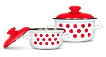 Set of white pots with a pattern of red peas. Cooking. Kitchen utensils. Red lid, metal rim. Realistic image on a white background. Isolated, vector illustration.