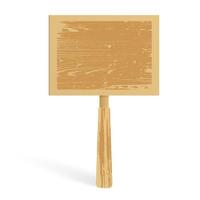 Wooden banner on the handle, to insert your text. Advertising made of natural material. Isolated. Vector illustration.