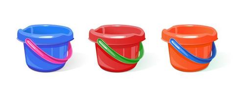 Set of plastic buckets of different colors For domestic work, for children s games in the sandbox. A realistic image. Isolated on white background. Vector illustration