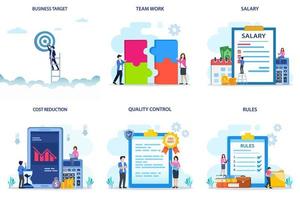 Set bundle Business concept. business target, team work, salary, qost reduction, quality control, rules. vector