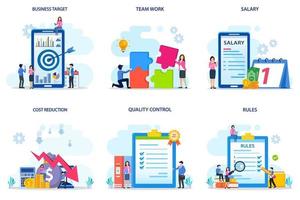 Set bundle Business concept. business target, team work, salary, qost reduction, quality control, rules. vector