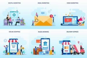 Set bundle Business concept. digital marketing, email marketing, video marketing, online shopping, mobile banking, delivery express vector