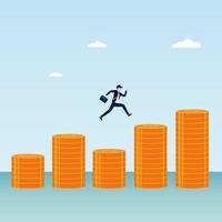 Businessman jumps through the gap in the coin. an employee with a jump runs from one coin to another. Flat vector template style Suitable for Web Landing Pages.