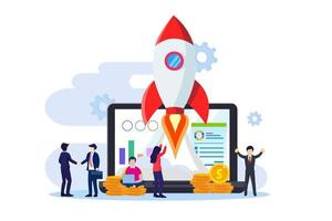 Business Startup concept, People working on the rocket launch. The development process, Innovation product, creative idea, Flat vector template Style Suitable for Web Landing Page, Background.