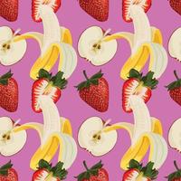 stawberries and bananas hand draw vegetable seamless on pink background vector