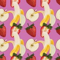 stawberries and bananas hand draw vegetable seamless on pink background vector