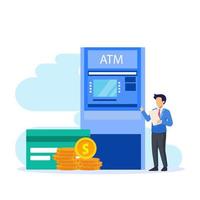 Vector illustration of modern business concept style. The character of the person makes money withdrawals at ATMs, Cash withdrawal from ATMs. Flat vector template Style Suitable for Web Landing Page.