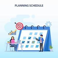 concepto de programación de planificación, personas que completan la programación en un calendario gigante, planificación del trabajo, trabajo en curso. estilo de plantilla de vector plano adecuado para páginas de destino web.