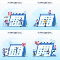 Planning Schedule concept, People filling out the schedule on a giant calendar, work planning, work in progress. Flat vector template style Suitable for Web Landing Pages.