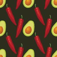 diseño de arte de patrones sin fisuras de chile rojo y aguacate vector