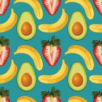 stawberry banana y kiwi art diseño de patrones sin fisuras sobre fondo verde vector