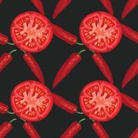 diseño de patrones sin fisuras de tomate y chile rojo sobre fondo negro vector