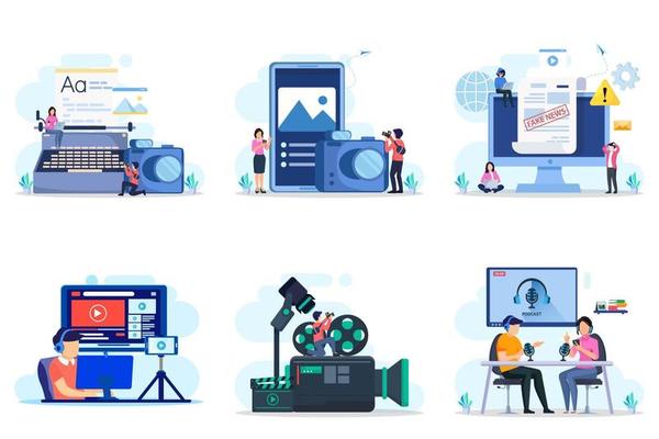 Journalist header concept. Newspaper, internet and journalism. Vector illustration in cartoon style