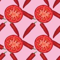 diseño de patrones sin fisuras de tomate y chile rojo sobre fondo rosa vector