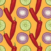 pimiento rojo limón y cebolla dibujo a mano vegetal diseño de patrones sin fisuras
