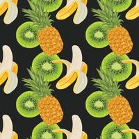 banana pineapple and kiwi seamless pattern design on black background vector